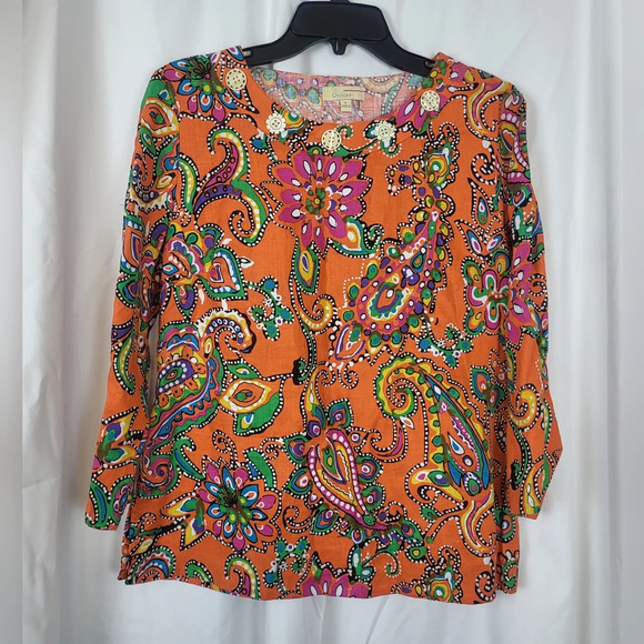 Choices Orange Paisley Print 3/4 Sleeve Button Detail Linen Blouse Size‎ M - Picture 1 of 6